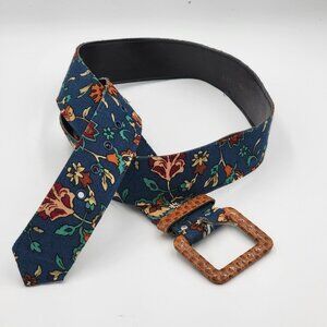 Vintage Floral Fabric Belt With Textured Brown Buckle Adjustable Fit Cottagecore